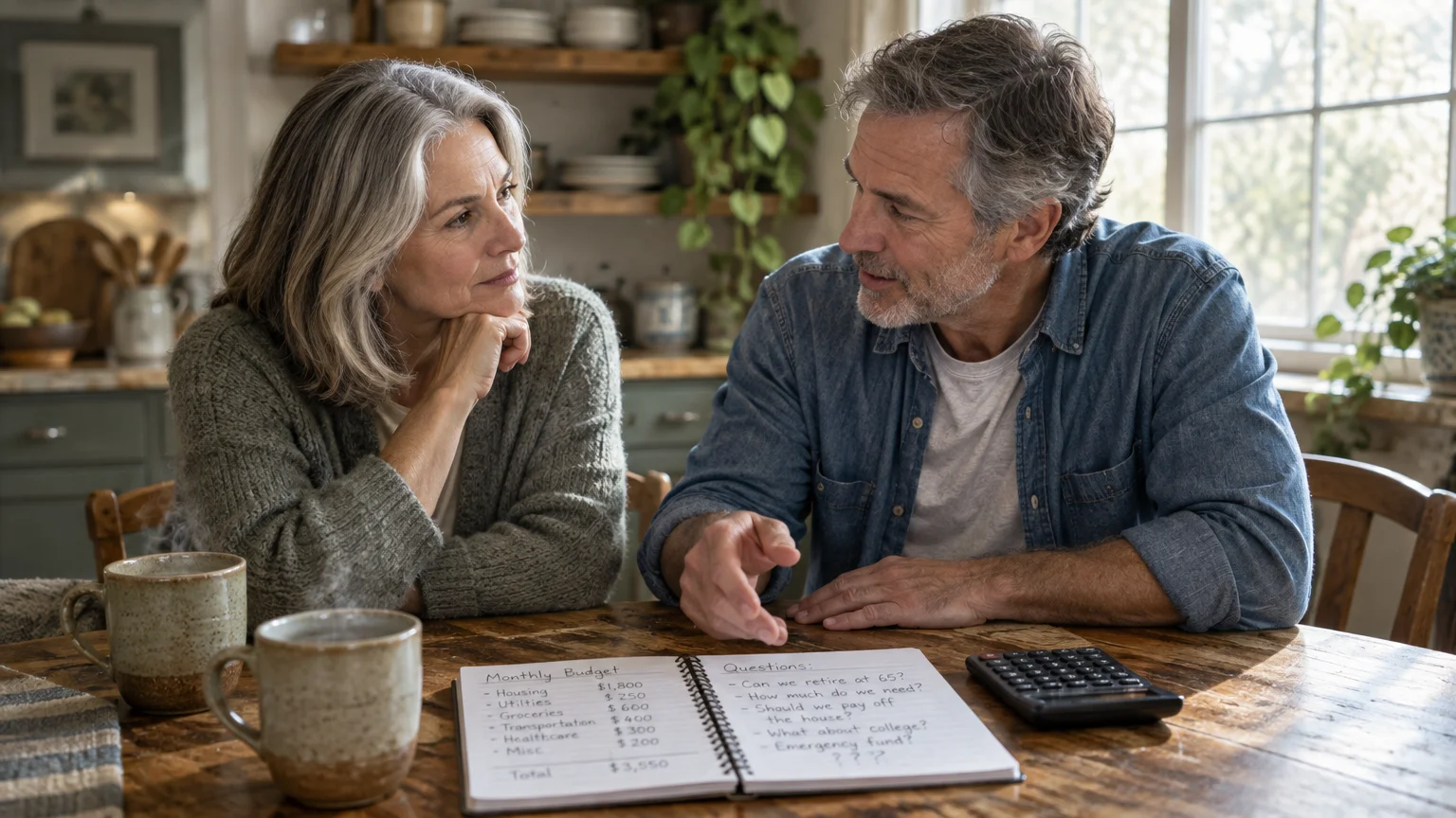 A mature couple sitting at a wooden kitchen table reviewing a handwritten budget notebook and calculator over coffee.