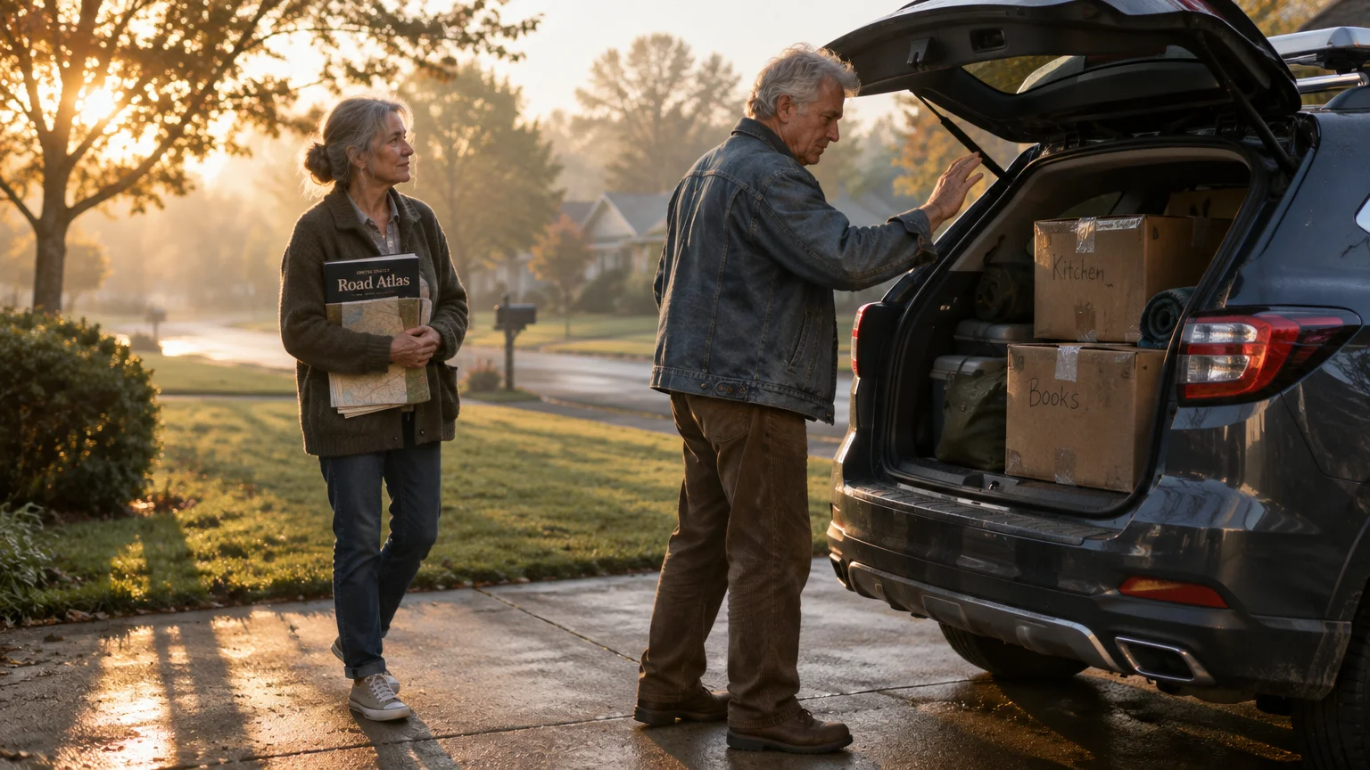 An older man packs moving boxes into the back of an SUV while a woman holds a road atlas in a driveway at sunrise.
