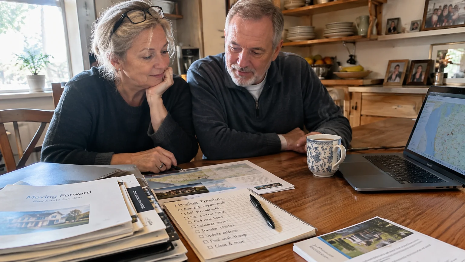 A mature couple sits at a wooden table reviewing real estate papers, a moving checklist, and an open laptop.