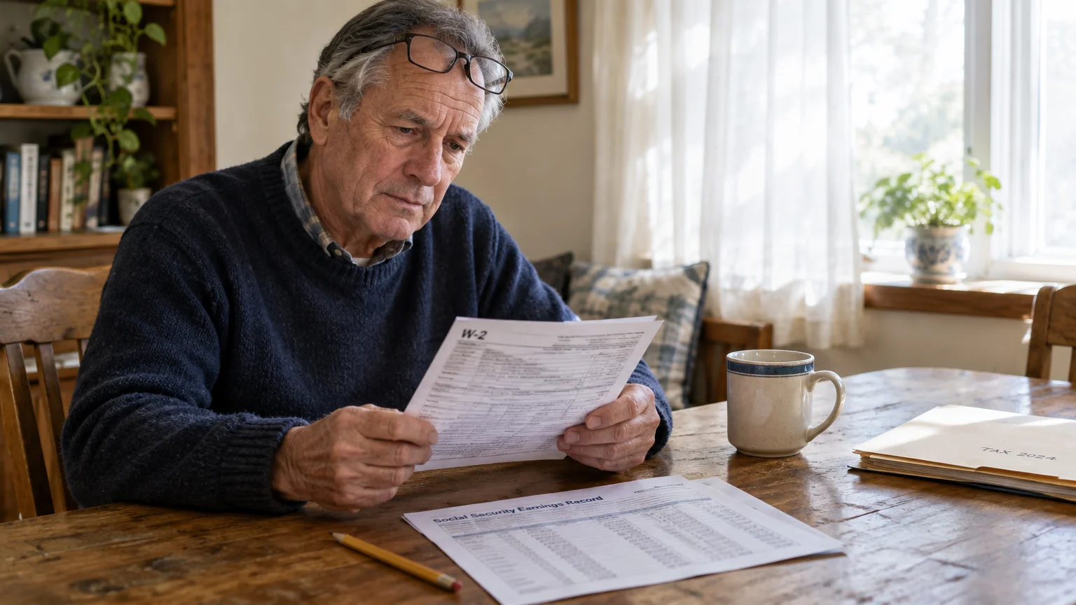 Senior man sitting at a wooden table reviewing a W-2 form above a printed Social Security Earnings Record document.