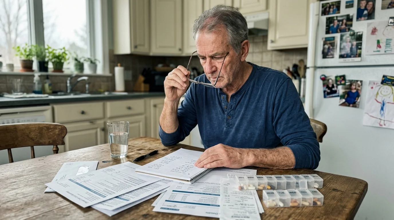 A senior man sits at a wooden kitchen table reviewing medical bills, a notebook, and a weekly pill organizer.
