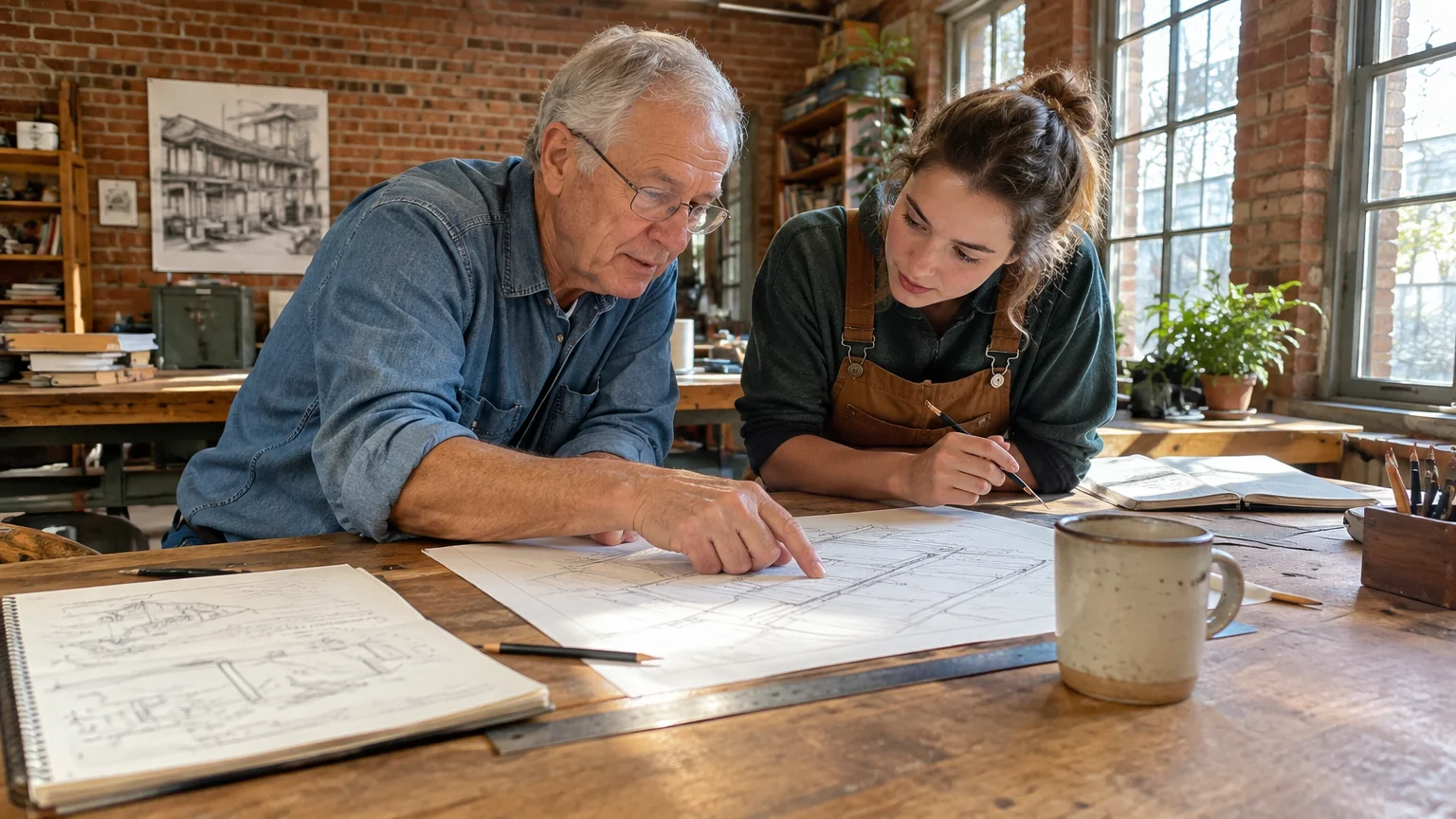 An older man pointing at architectural sketches on a wooden table beside a younger woman holding a pencil.
