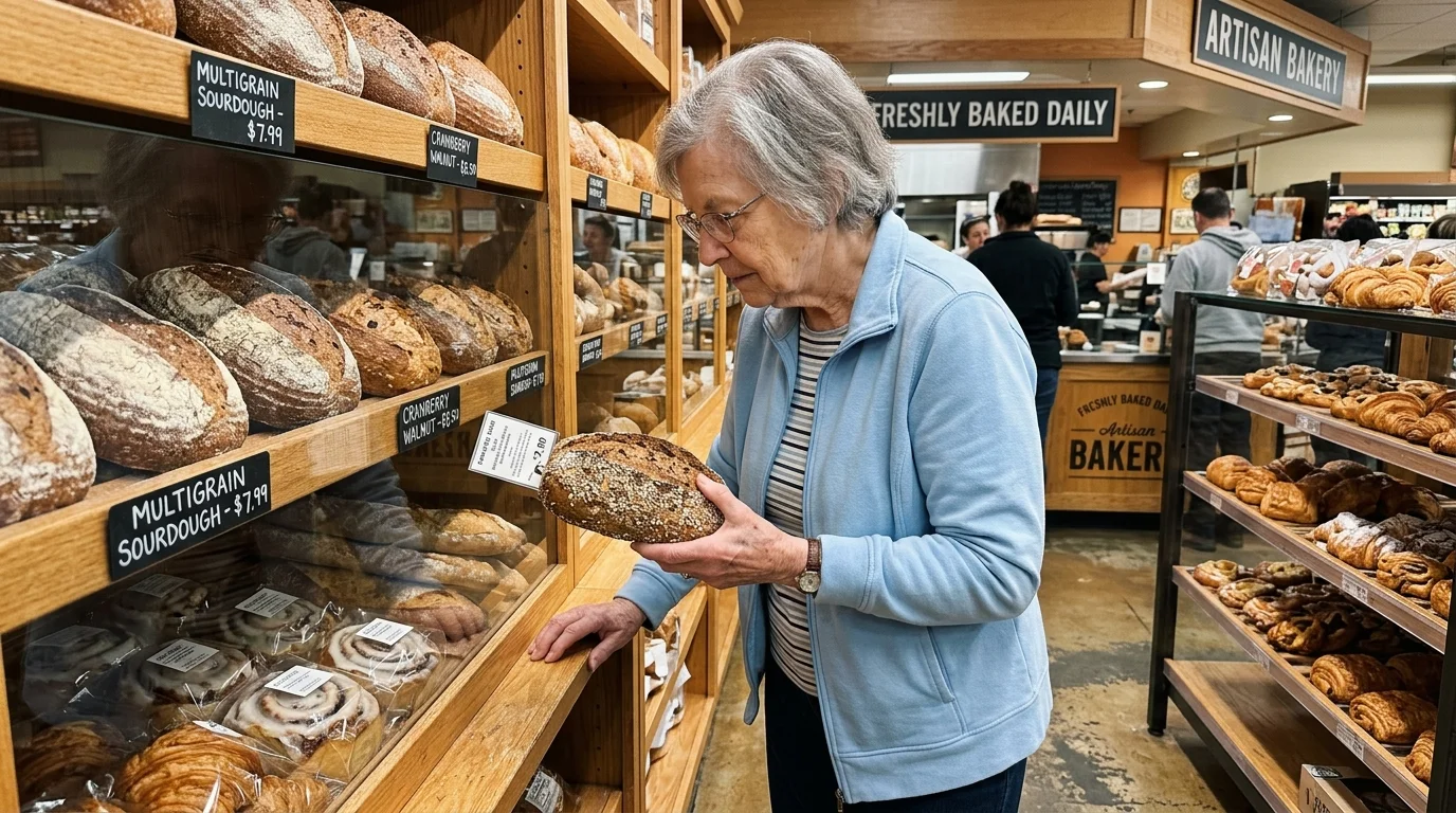 An elderly woman in a blue jacket inspecting a loaf of bread in a grocery bakery aisle lined with display shelves.