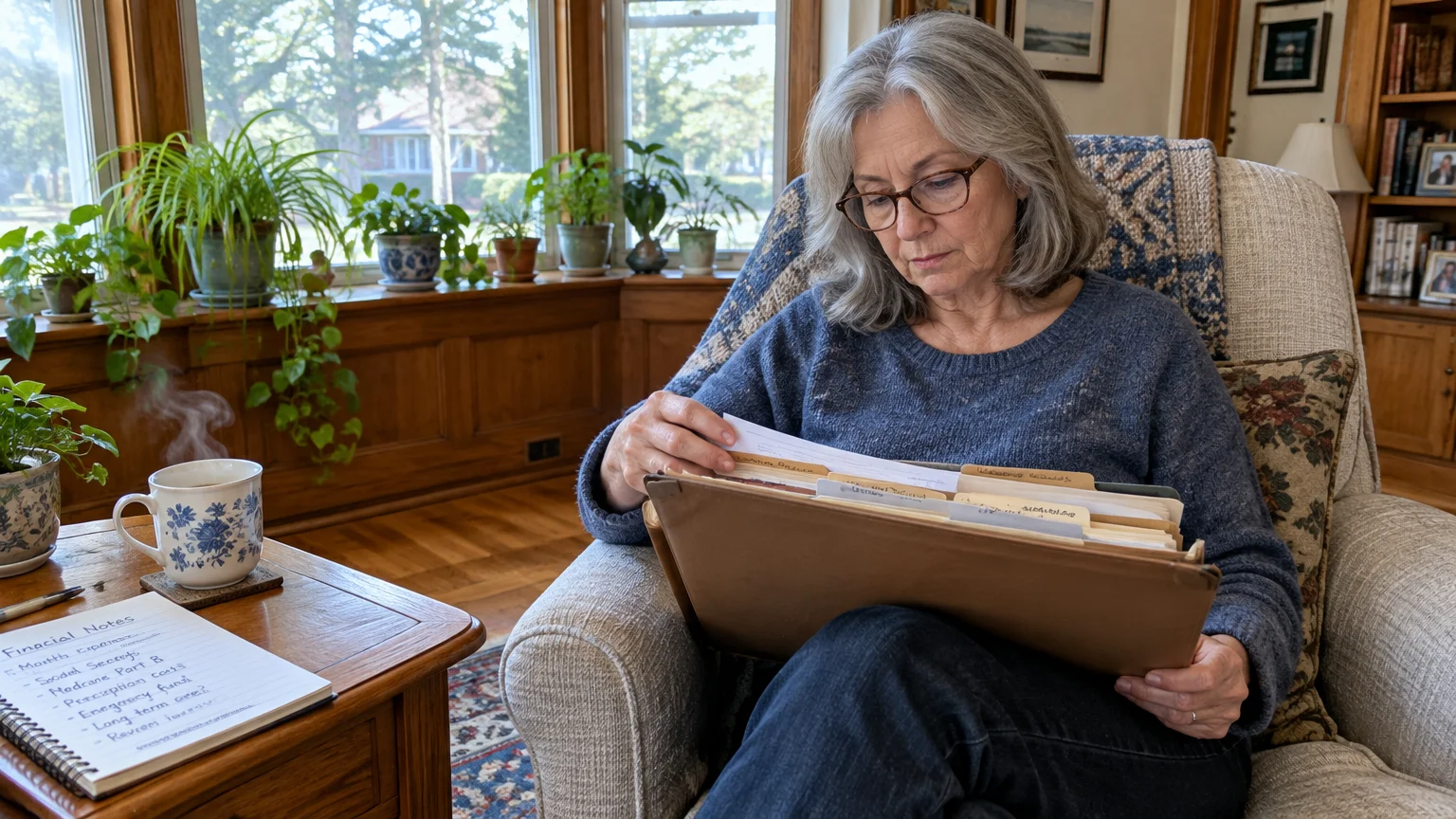 A mature woman with glasses sits in an armchair, reviewing papers from an expanding file folder next to a cup of coffee.