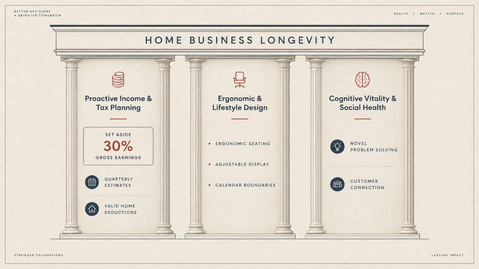 Diagram of classical architectural pillars detailing income planning, ergonomic design, and cognitive vitality for business.