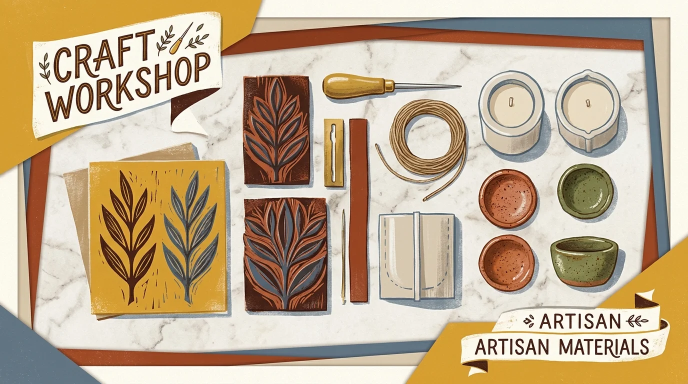Illustration of craft workshop supplies, including block prints, carving tools, twine, candles, and ceramic bowls on a table.