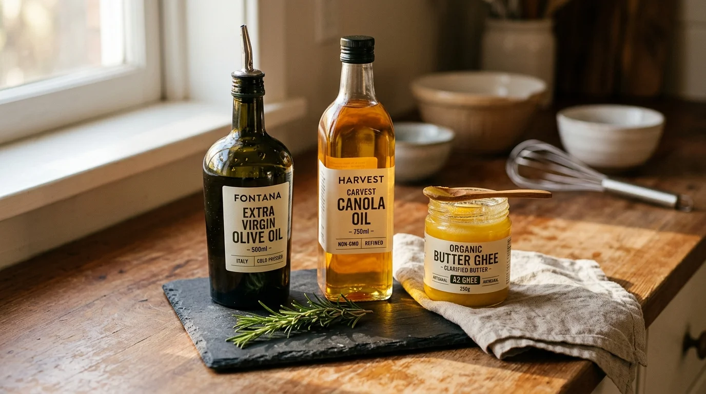Bottles of extra virgin olive oil and canola oil beside a jar of butter ghee on a wooden countertop.