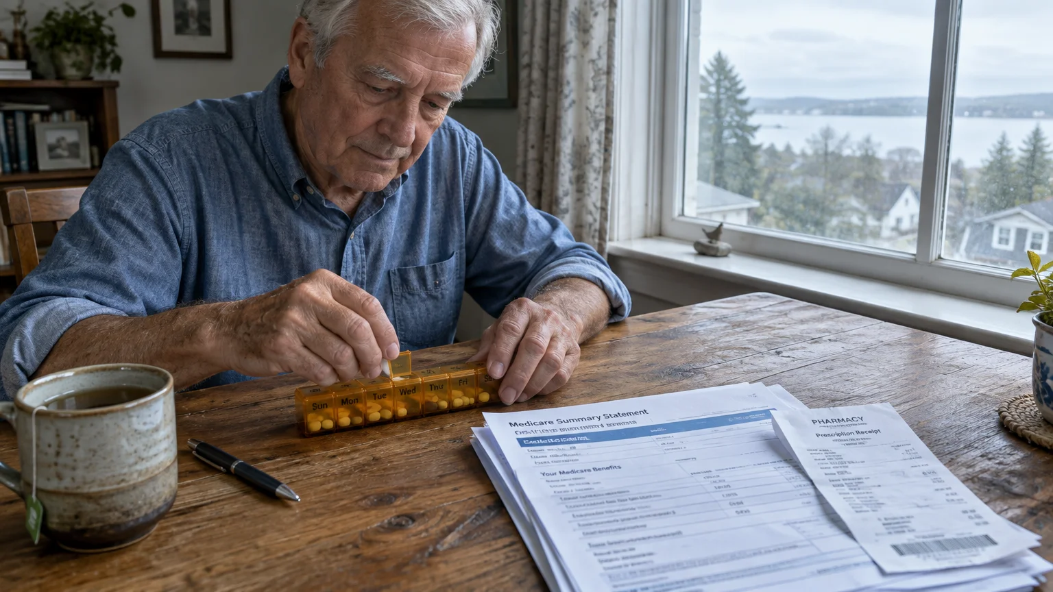 An older man sorts pills into a weekly organizer beside a Medicare statement and pharmacy receipt on a wooden table.