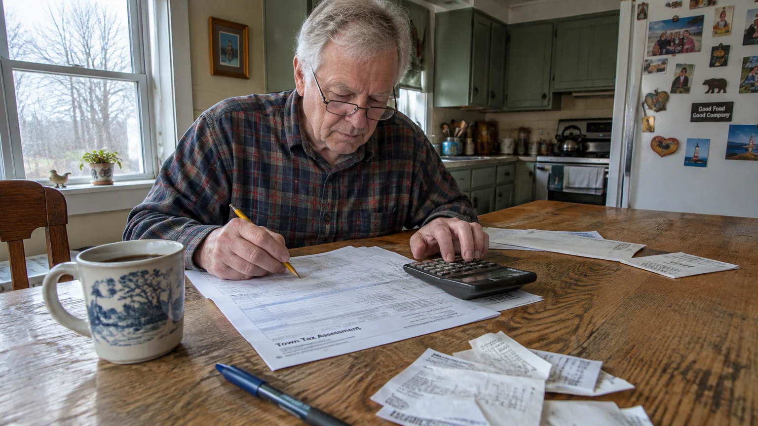Senior man wearing glasses sits at a kitchen table using a calculator and pencil to review tax assessment documents.