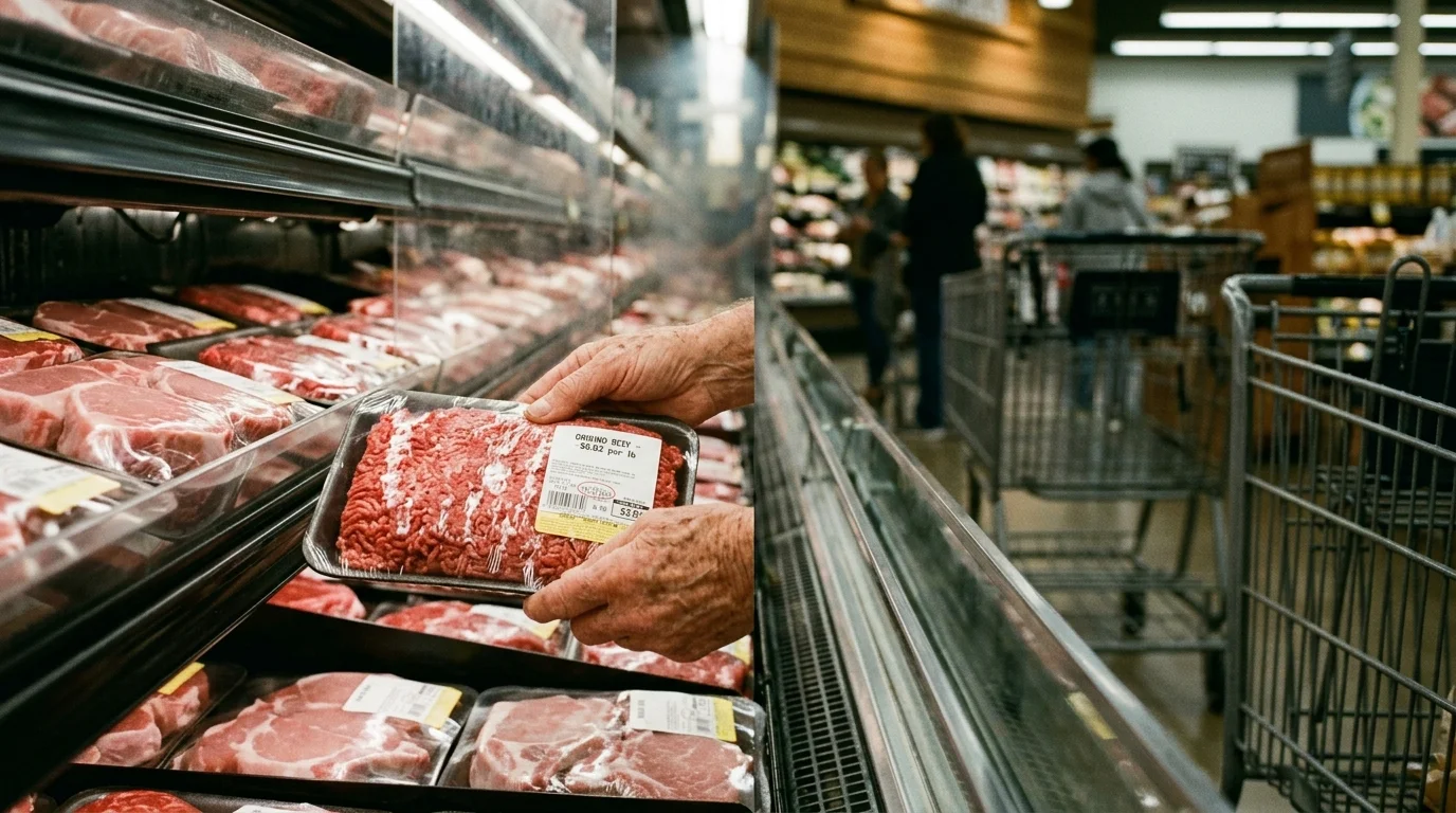 A person holding a packaged tray of ground beef in front of a refrigerated meat display case in a grocery store.