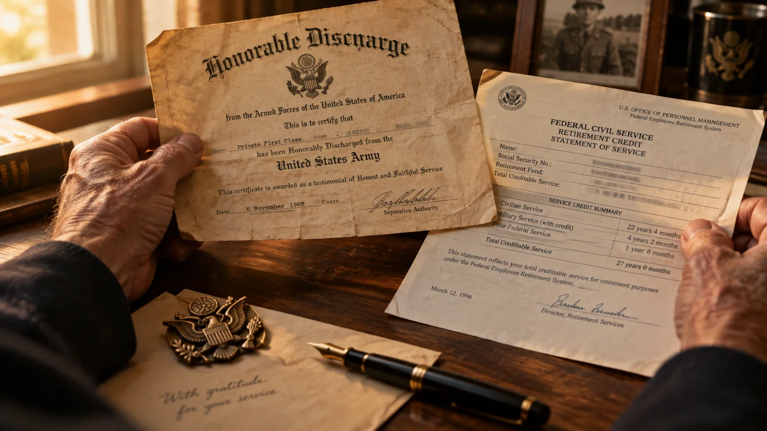 Hands holding a military honorable discharge certificate alongside a federal retirement statement of service on a wooden desk.