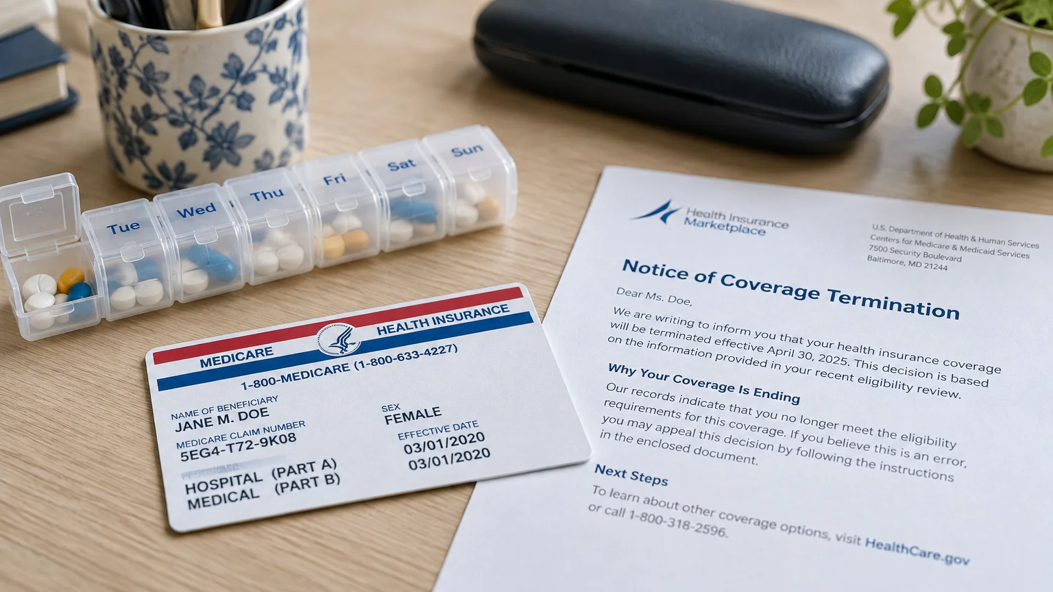 A Medicare card, weekly pill organizer, and a printed coverage termination letter resting on a wooden desk.