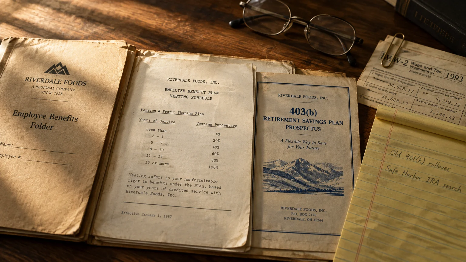 Vintage employee benefit documents, a 403(b) prospectus, tax forms, glasses, and a legal pad on a wooden desk.