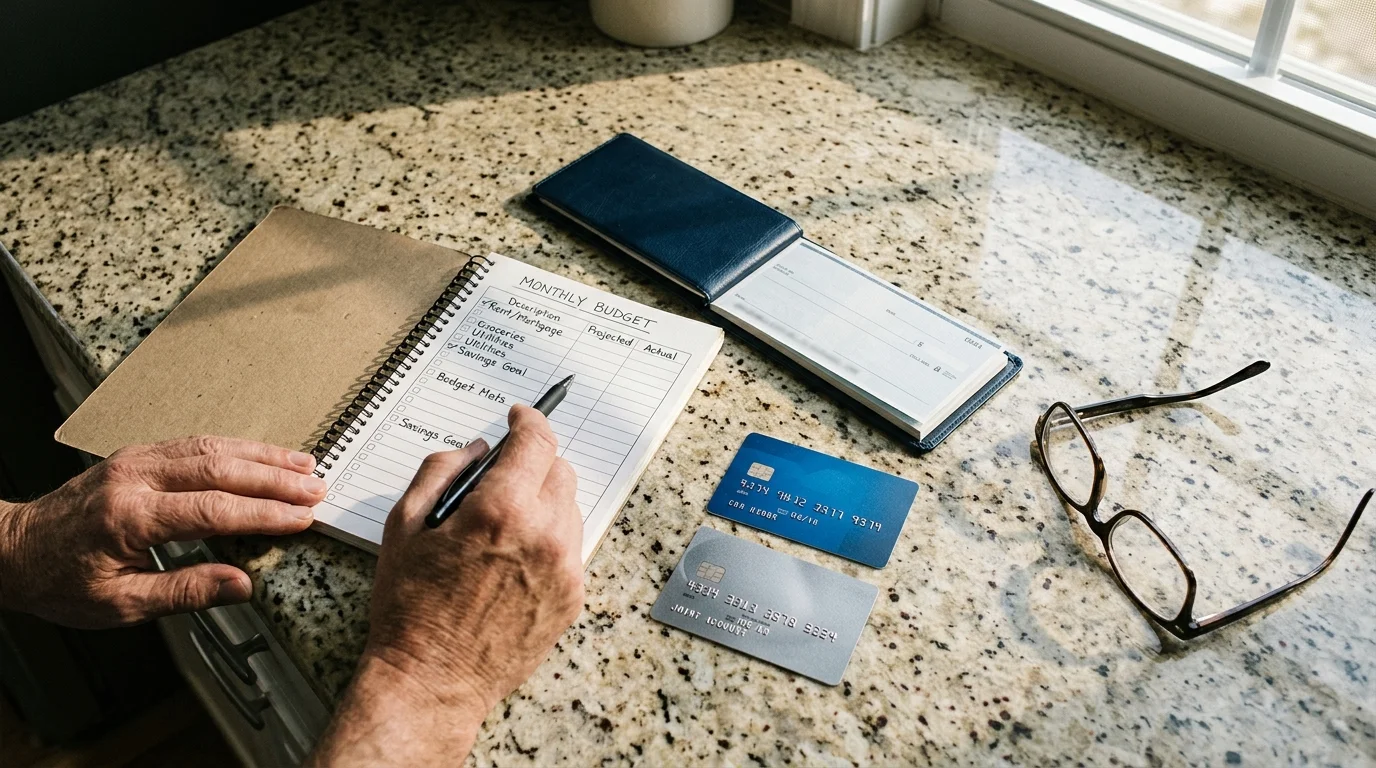 Hands writing in a monthly budget notebook on a granite counter next to a checkbook, two credit cards, and eyeglasses.