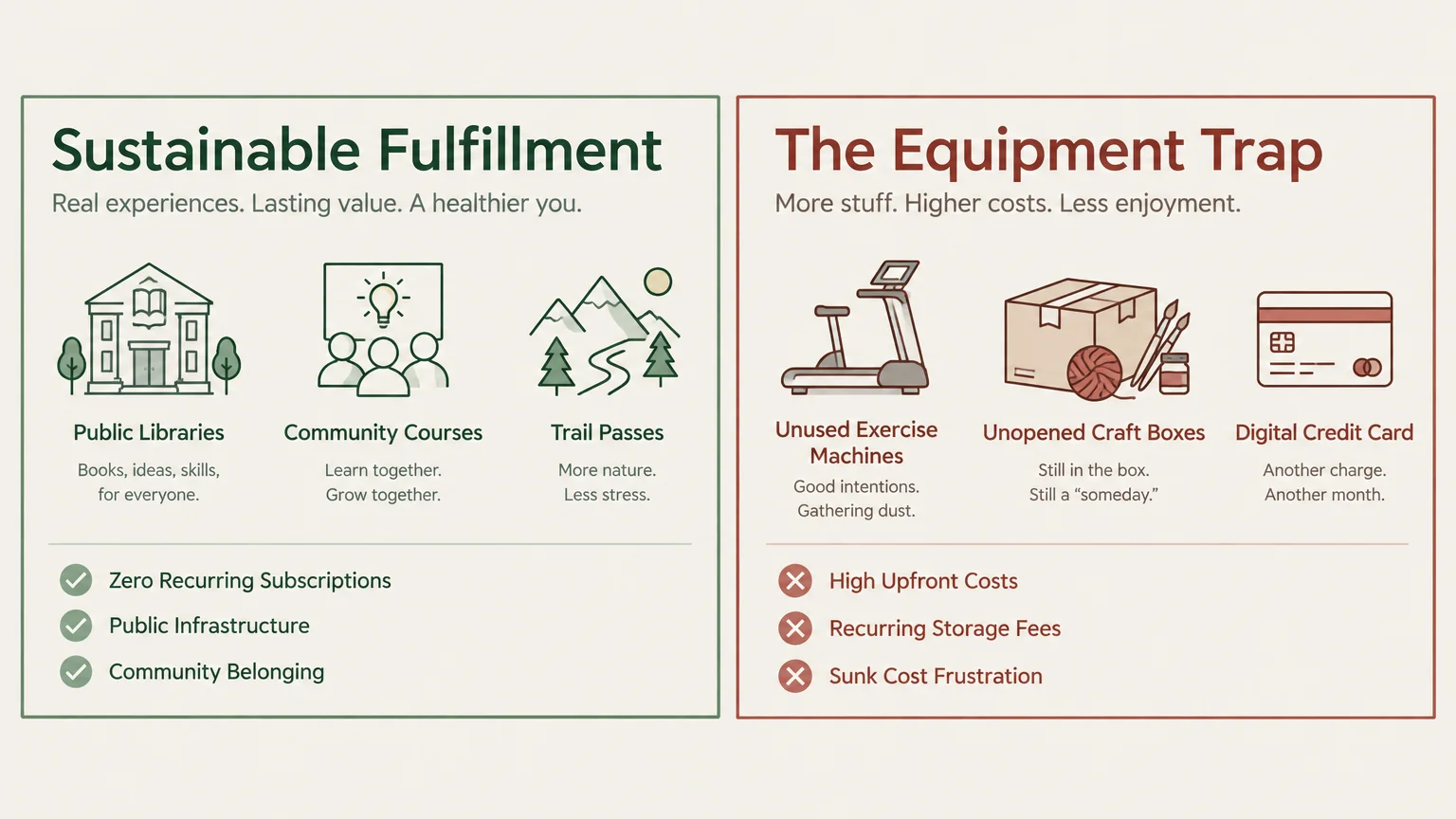 Graphic contrasting sustainable fulfillment with the equipment trap, featuring icons of libraries, courses, and gym gear.