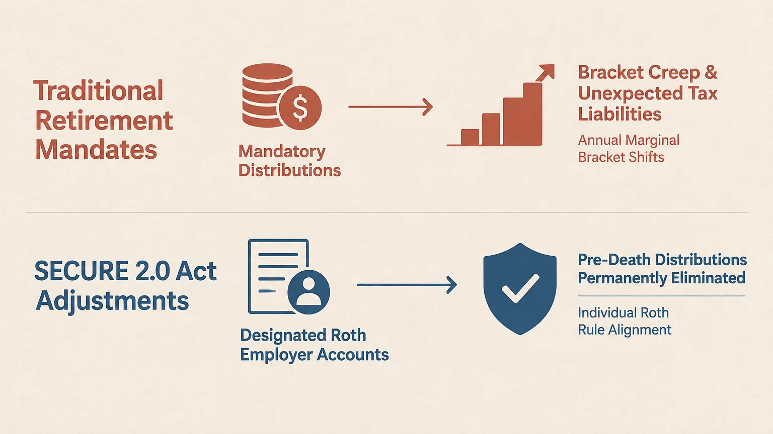 Diagram comparing traditional retirement mandates leading to bracket creep versus SECURE 2.0 Act adjustments protecting Roth accounts.