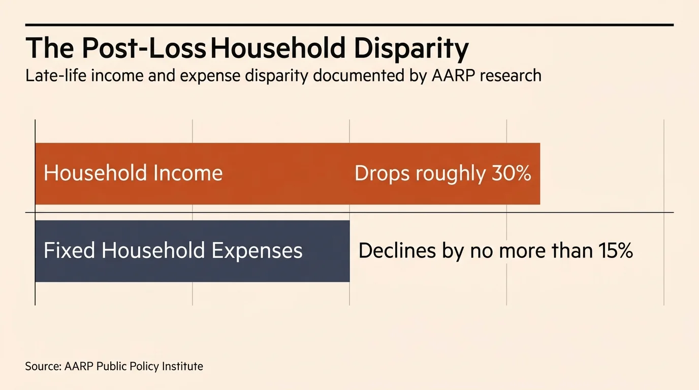 Horizontal bar chart comparing a roughly 30% household income drop to a fixed expense decline of no more than 15%.