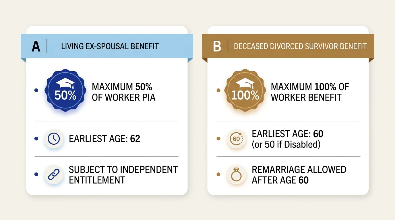 Side-by-side comparison diagram showing living ex-spousal benefit rules versus deceased divorced survivor benefit rules.