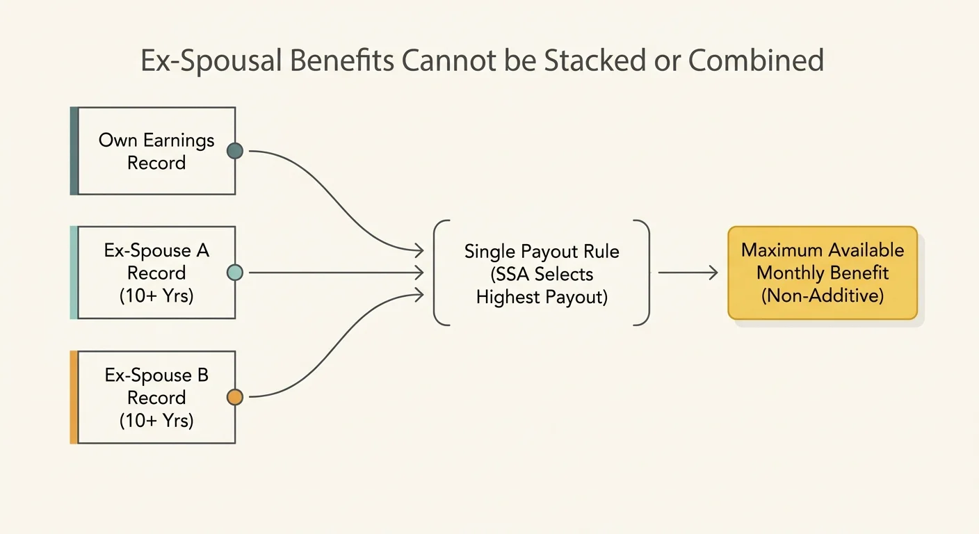 Diagram showing multiple earnings records funneling through the single payout rule into one maximum monthly benefit.