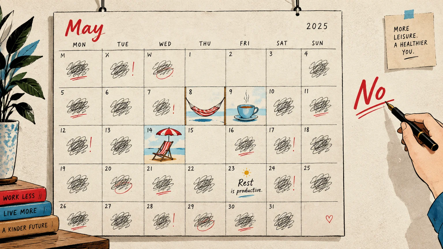 Illustration of a wall calendar filled with scribbled-out days, with a hand writing "No" beside it.