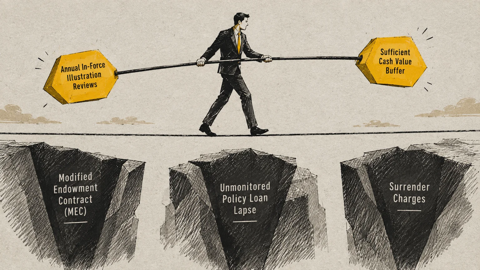 Illustration of a businessman tightrope walking over chasms labeled with policy hazards while holding a balancing pole.