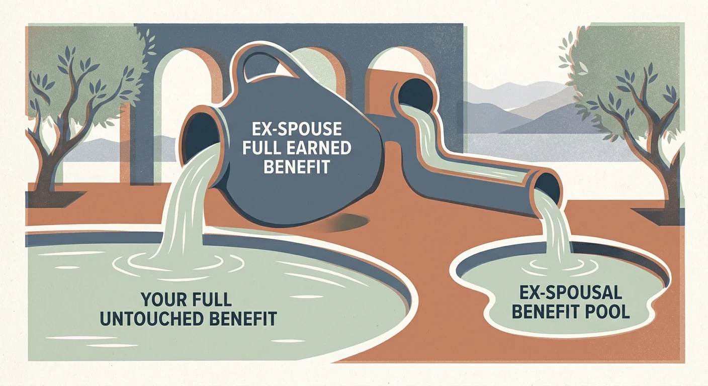 Illustration of water pouring from a jug into separate pools labeled with benefits, set against an outdoor landscape.