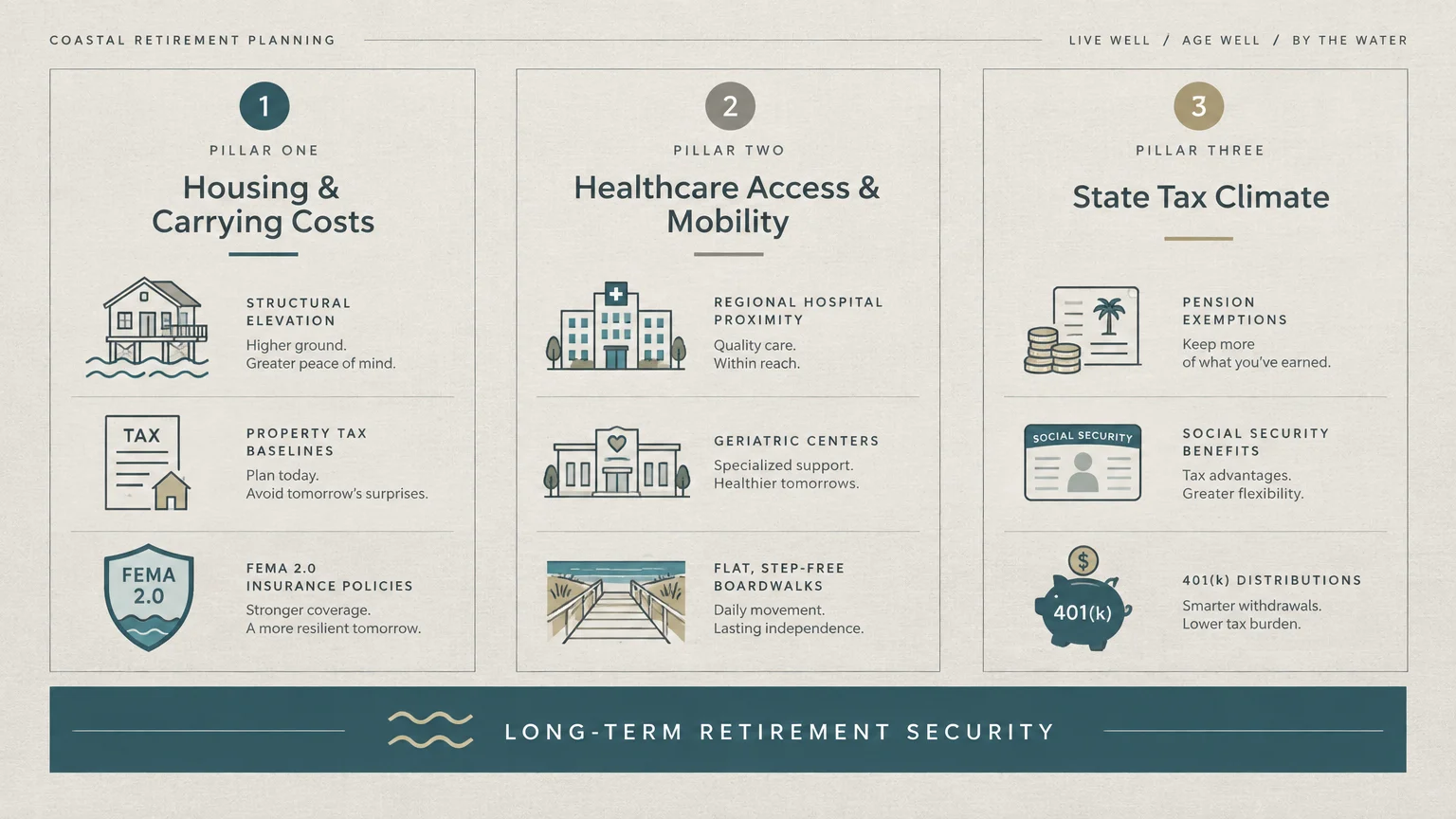 Infographic detailing three coastal retirement pillars: housing costs, healthcare and mobility, and state tax climate.