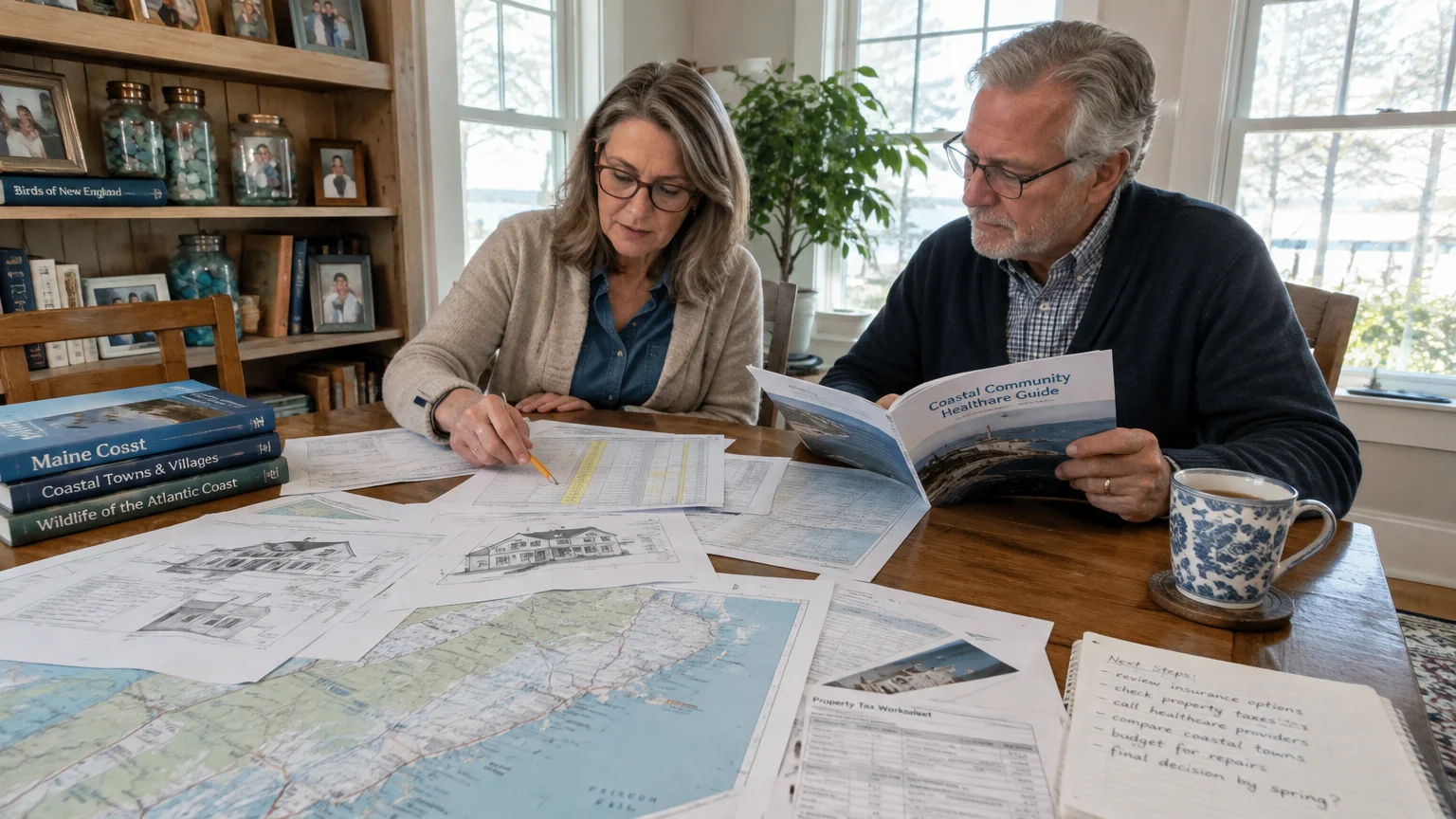 An older couple at a wooden table reviews coastal maps, home blueprints, and financial spreadsheets.