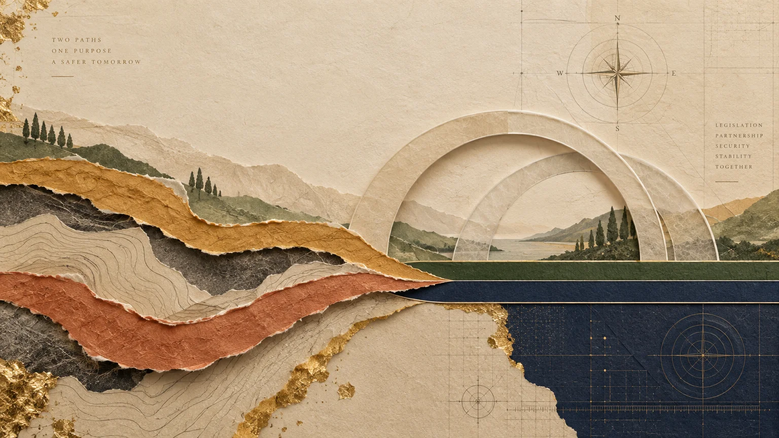 Mixed media collage of torn paper landscape layers, geometric arches, compass rose sketches, and gold leaf accents.