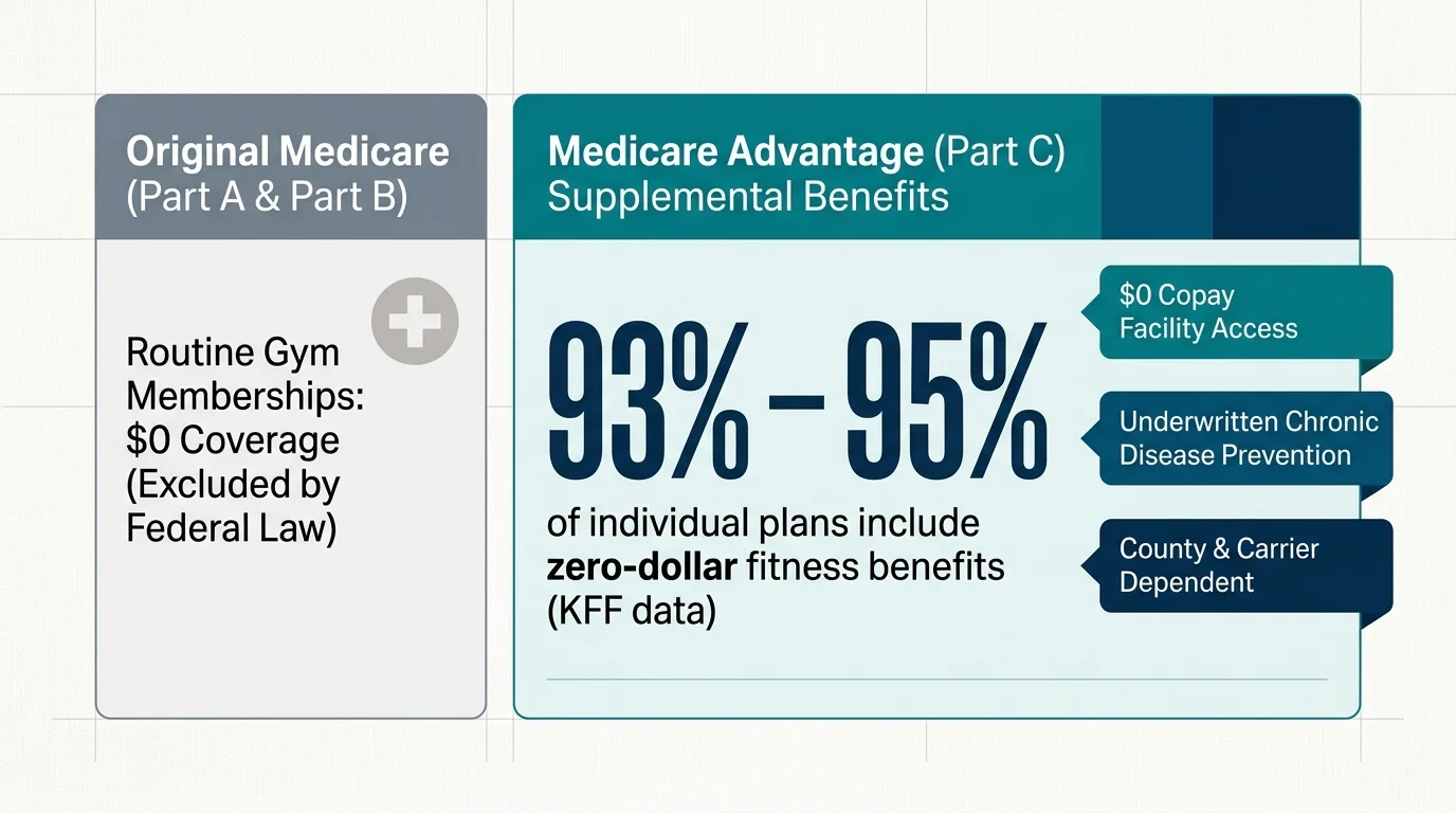 Infographic comparing Original Medicare's $0 gym coverage to Medicare Advantage's 93%-95% fitness benefit inclusion.