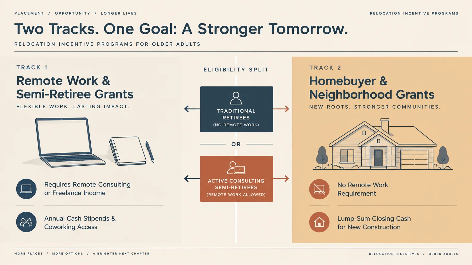 Graphic comparing Track 1 remote work grants featuring a laptop to Track 2 homebuyer grants featuring a house.