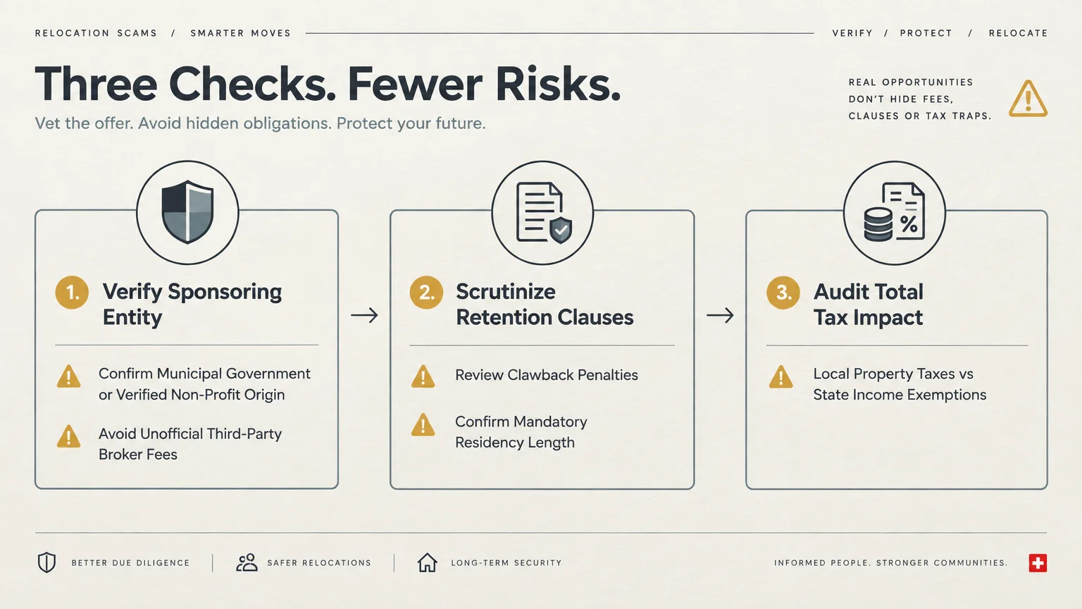 Diagram outlining three verification checks: verify sponsoring entity, scrutinize retention clauses, and audit tax impact.