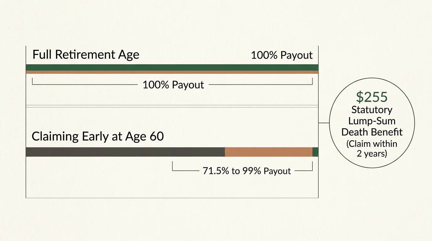 Chart comparing 100% payout at Full Retirement Age to 71.5% to 99% at Age 60, plus a $255 lump-sum death benefit.