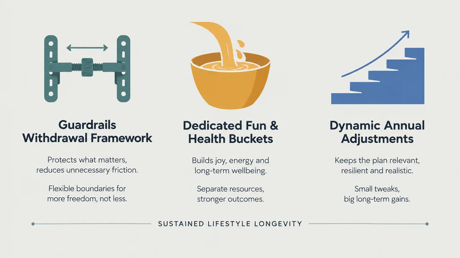 Three strategy pillars with icons for withdrawal guardrails, spending buckets, and dynamic annual adjustments.