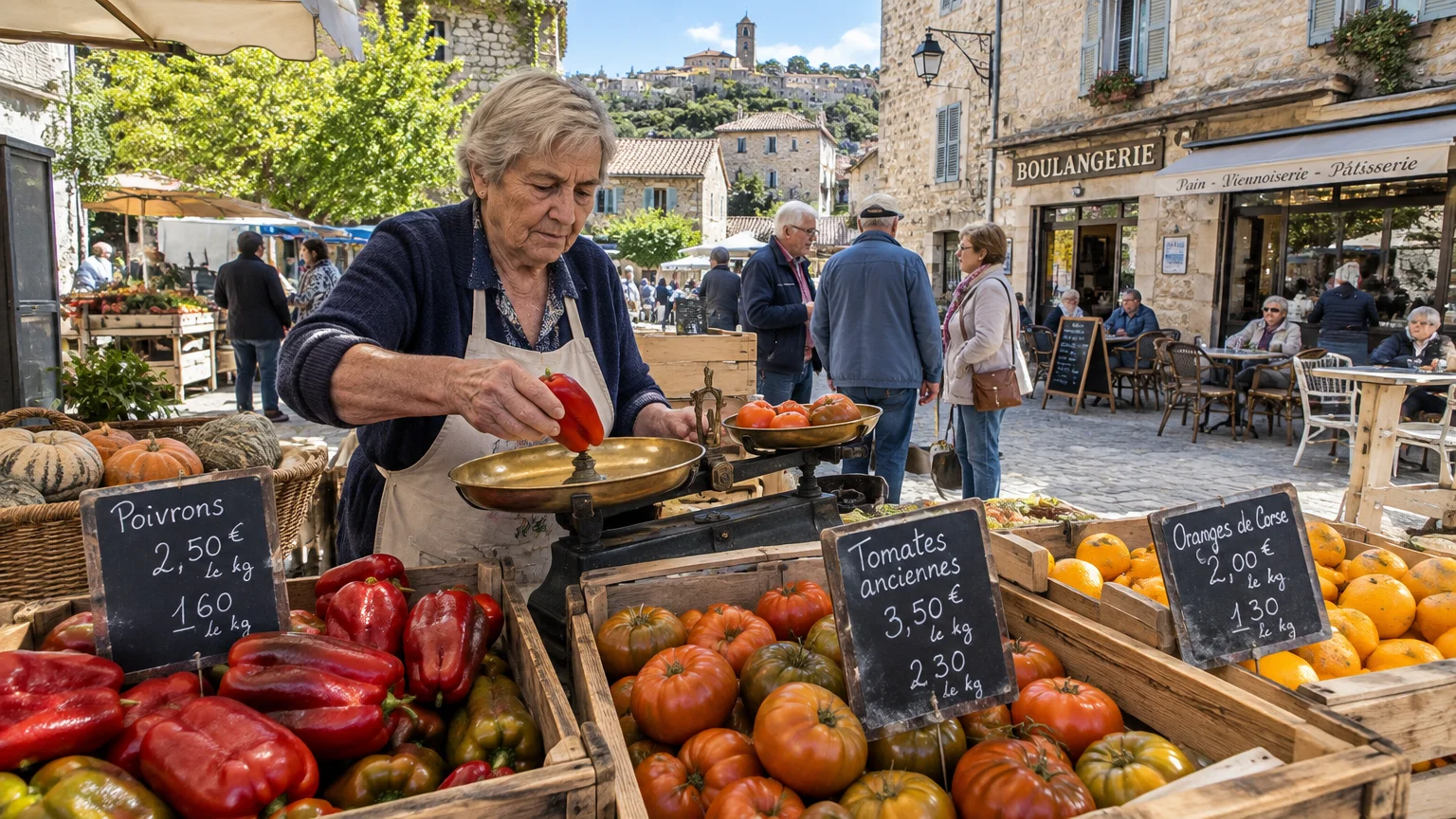 An elderly woman weighs red peppers on a balance scale at an outdoor French produce market in a stone town square.