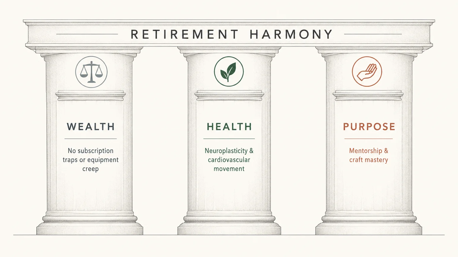 Three architectural columns labeled Wealth, Health, and Purpose supporting a beam reading Retirement Harmony.