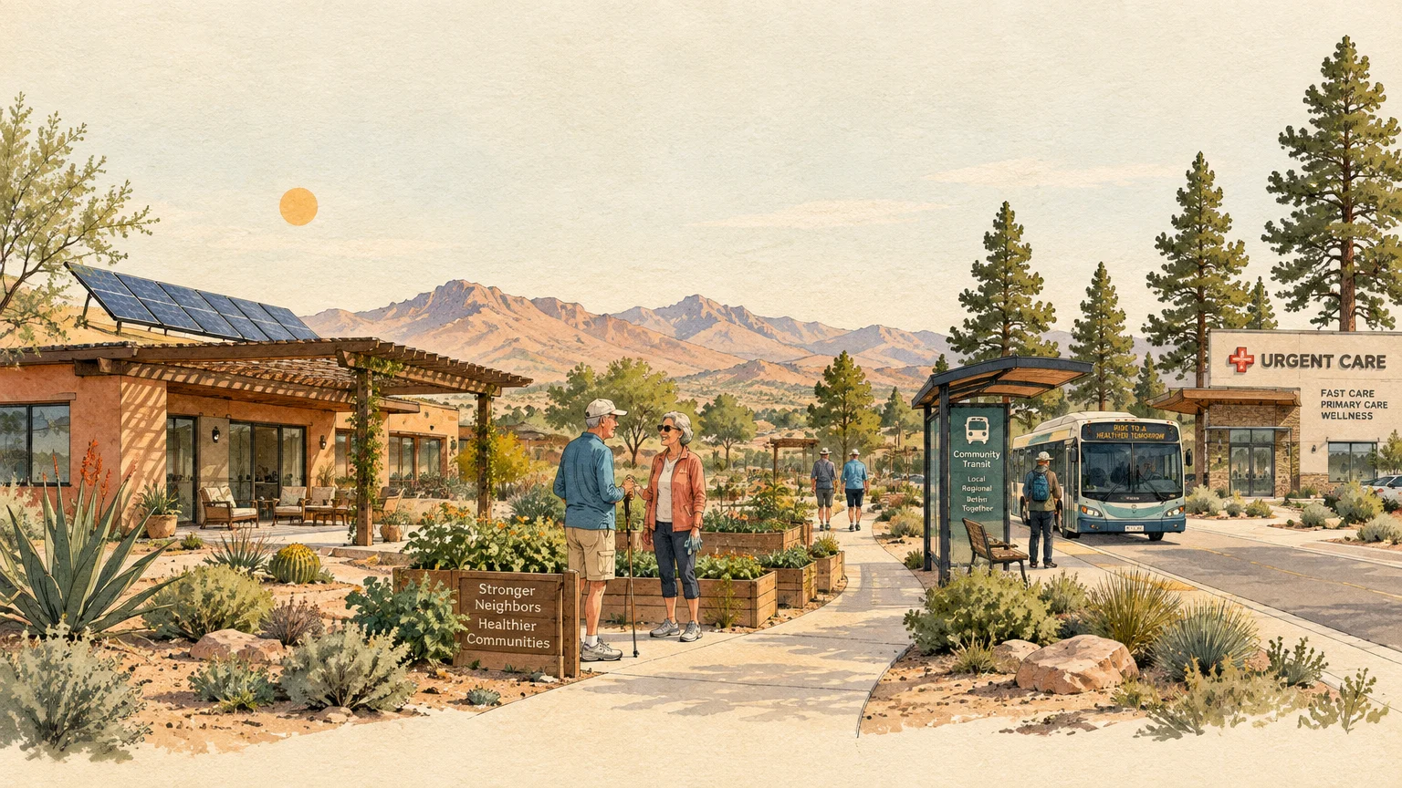 Illustration of seniors in a desert retirement community with a solar-powered center, transit stop, and urgent care clinic.