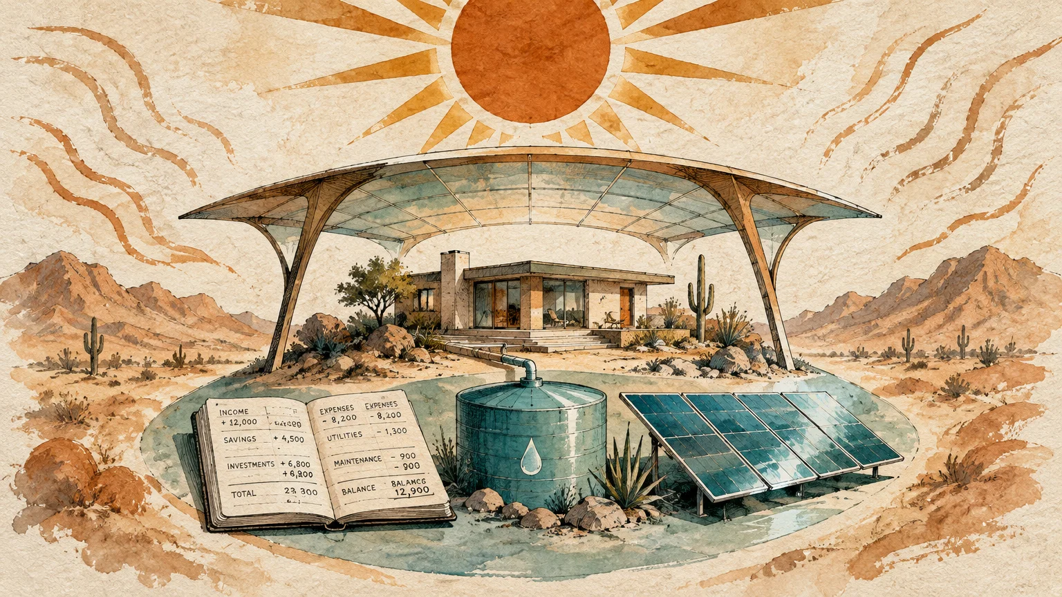Desert home under a canopy shade alongside solar panels, a water storage tank, and an open financial ledger.