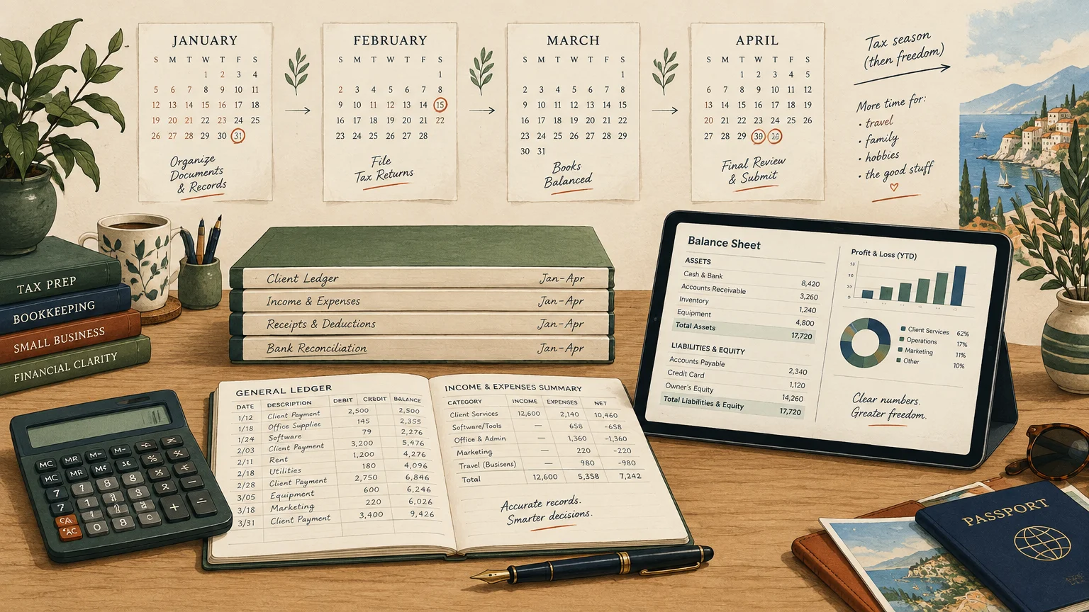Desk illustration with monthly calendars, accounting ledgers, a digital tablet balance sheet, and a passport.