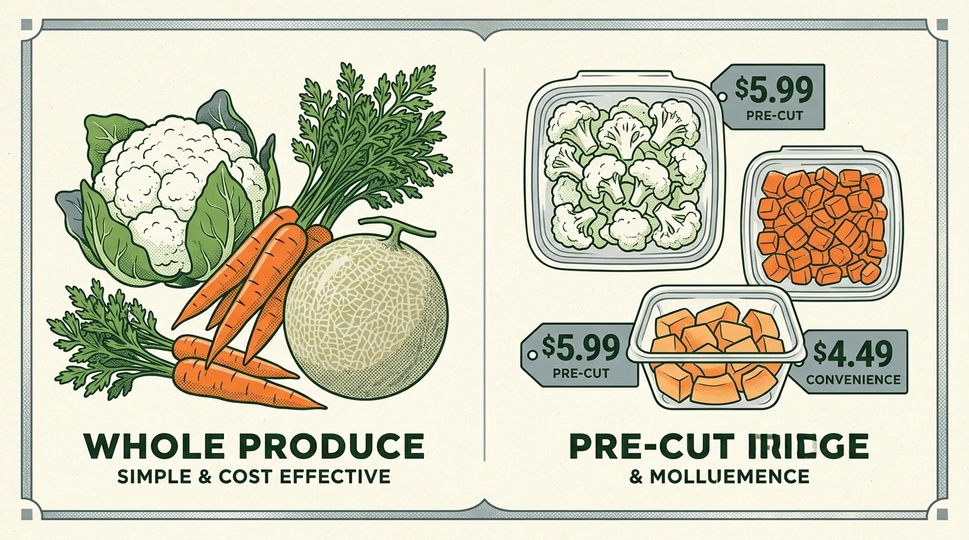 Illustration comparing whole cauliflower, carrots, and melon with expensive packaged, pre-cut produce in plastic containers.