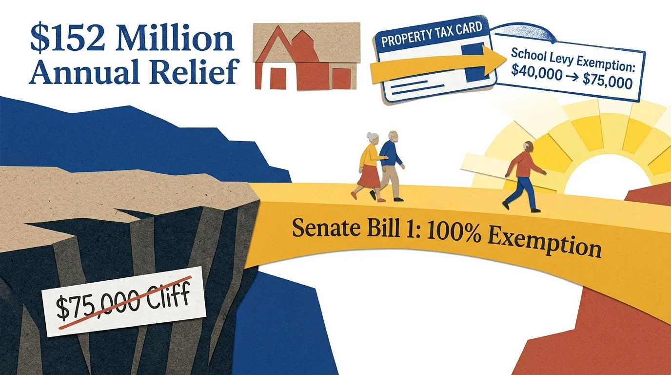Paper-cut illustration of seniors walking across a yellow bridge labeled Senate Bill 1 over a cliff toward a rising sun.