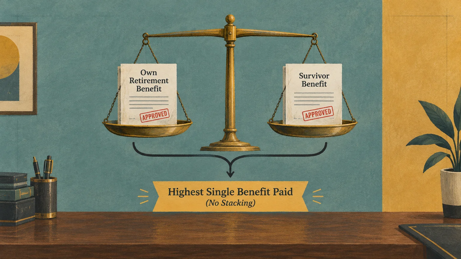 A brass balance scale weighing approved retirement and survivor benefits above a Highest Single Benefit Paid banner.