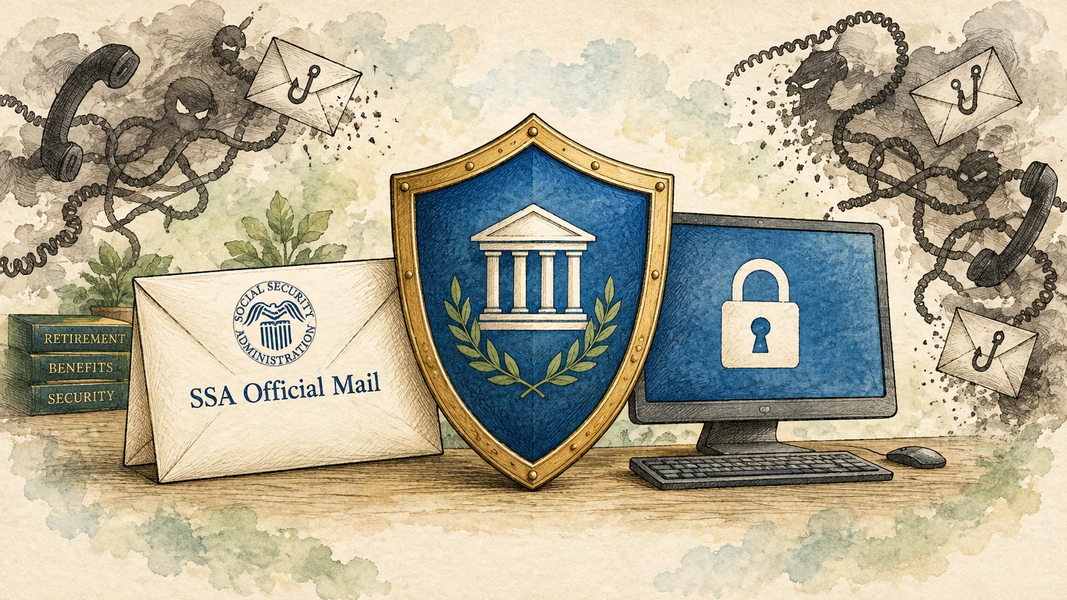 Illustration of a protective shield, an SSA Official Mail envelope, and a computer with a padlock protecting against scams.