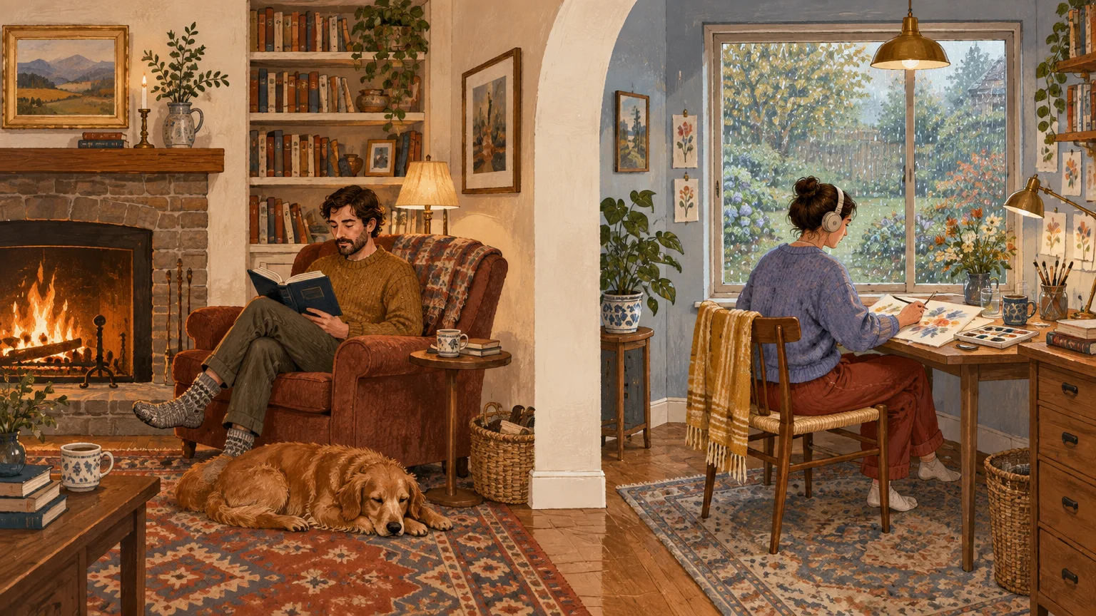 Cozy home interior with an archway separating a man reading by a fireplace and a woman painting at a window desk.