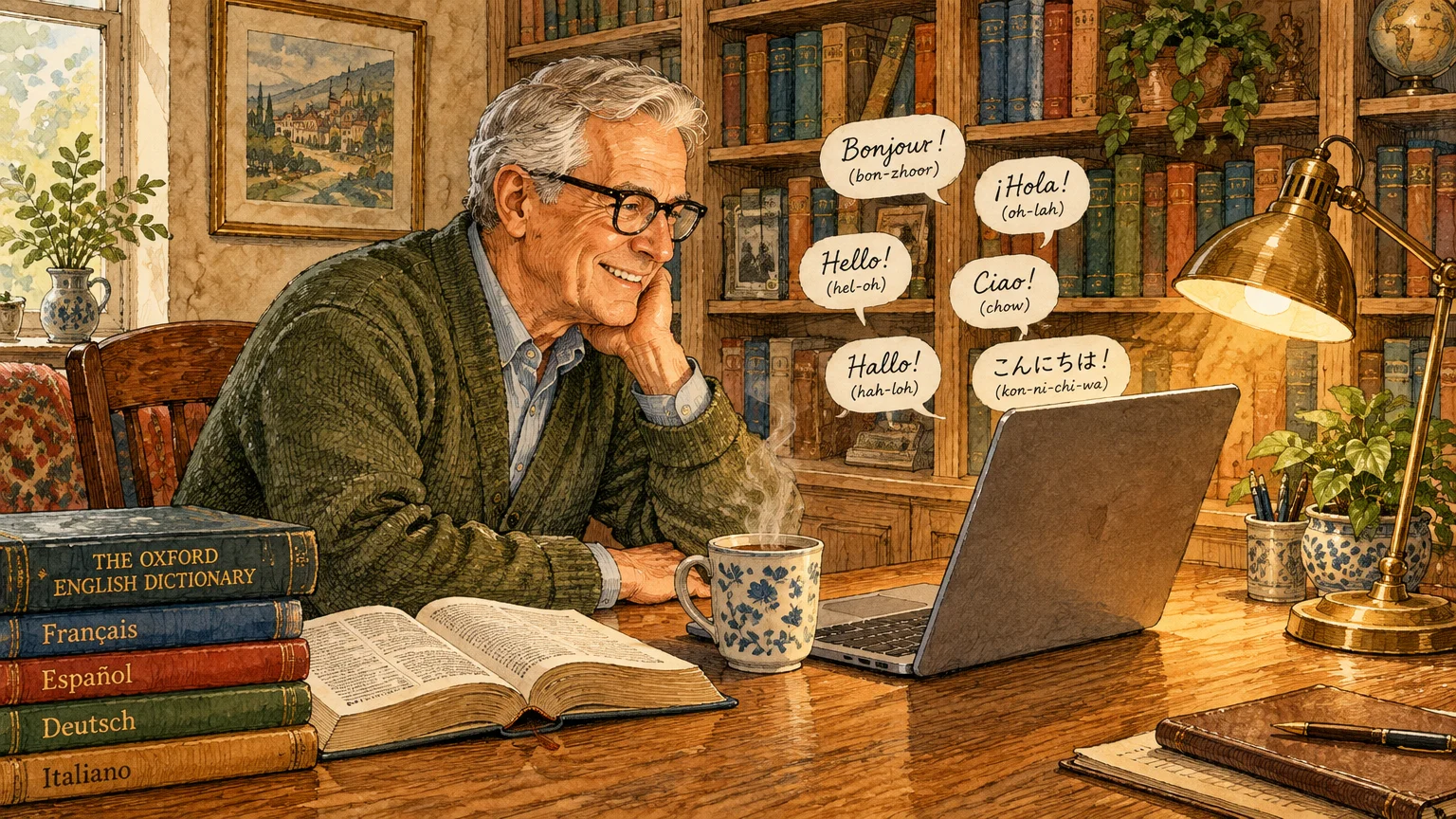 Illustration of an older man smiling at a laptop in a cozy study with greeting speech bubbles in multiple languages.