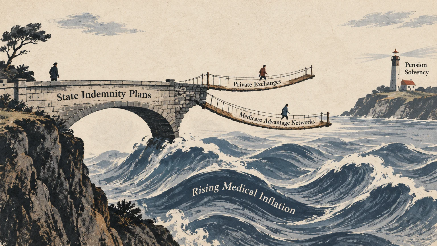 Illustration of a broken stone bridge splitting into two suspension bridges over stormy seas toward a lighthouse.