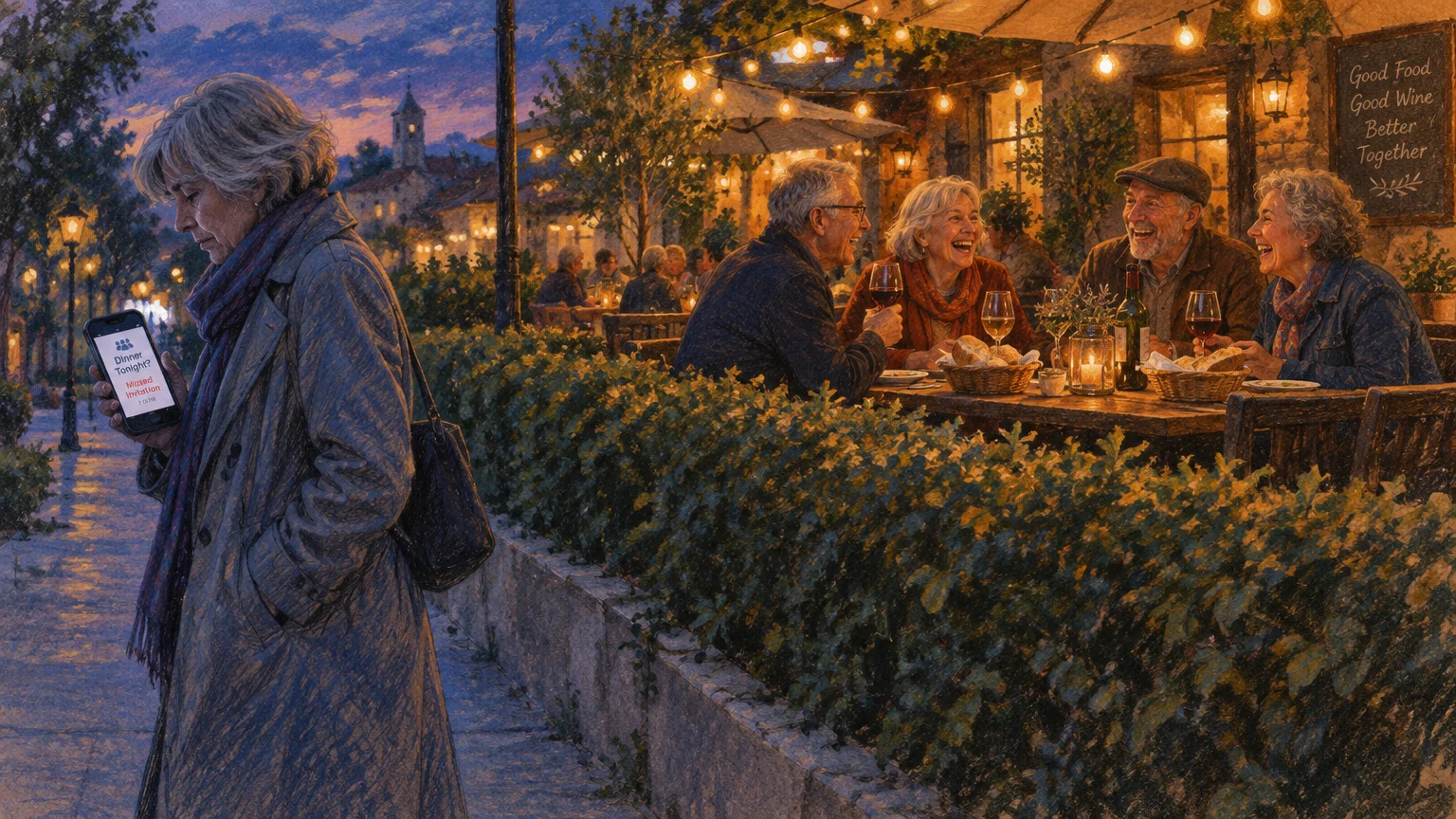 Illustration of a woman holding a phone with a dinner invitation while walking past friends dining on a warm patio.