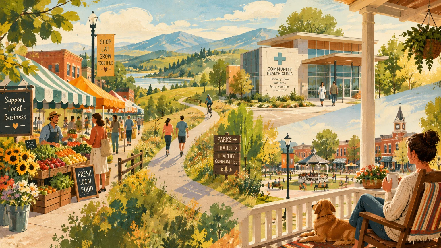 Illustration of an idyllic town featuring a farmers market, walking trails, a modern health clinic, and a town square.