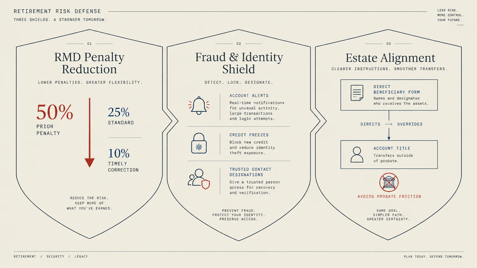 Diagram of three shield icons covering RMD penalty reduction, fraud and identity protection, and estate alignment.