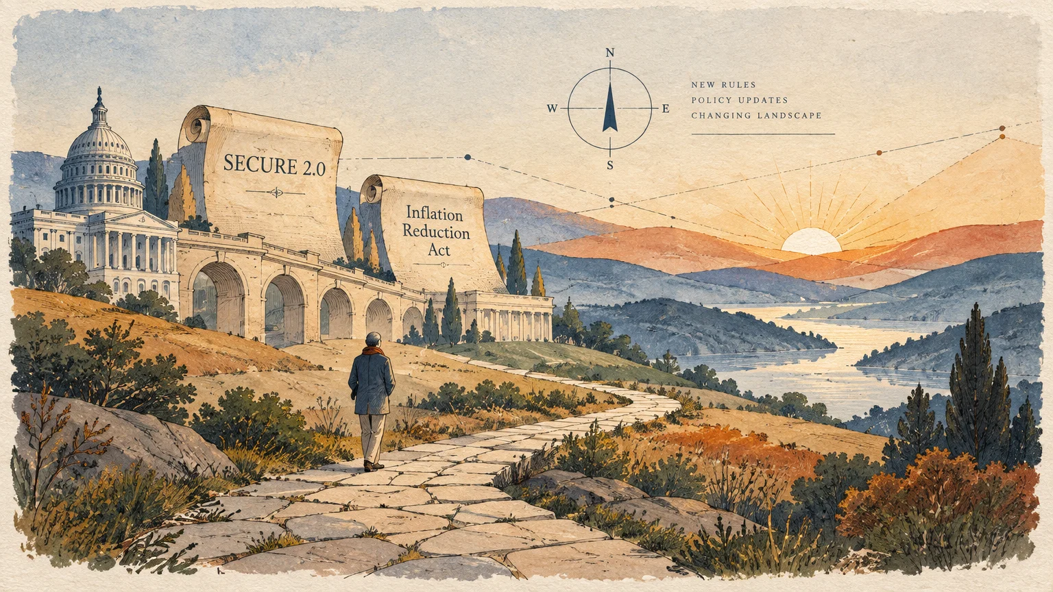 Illustration of a person walking a stone path past neoclassical arches labeled SECURE 2.0 and Inflation Reduction Act.